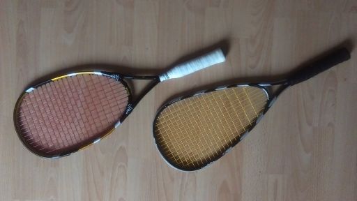 two crossminton rackets of different companies - "VicFun" (left) and "Speedminton" (right) 
